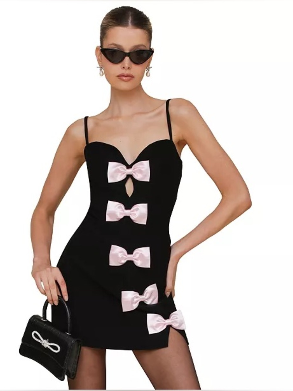 AVEC LES FILLES || Black Mini Dress with Pink Bows. Chic| Flirty| Sz. 8